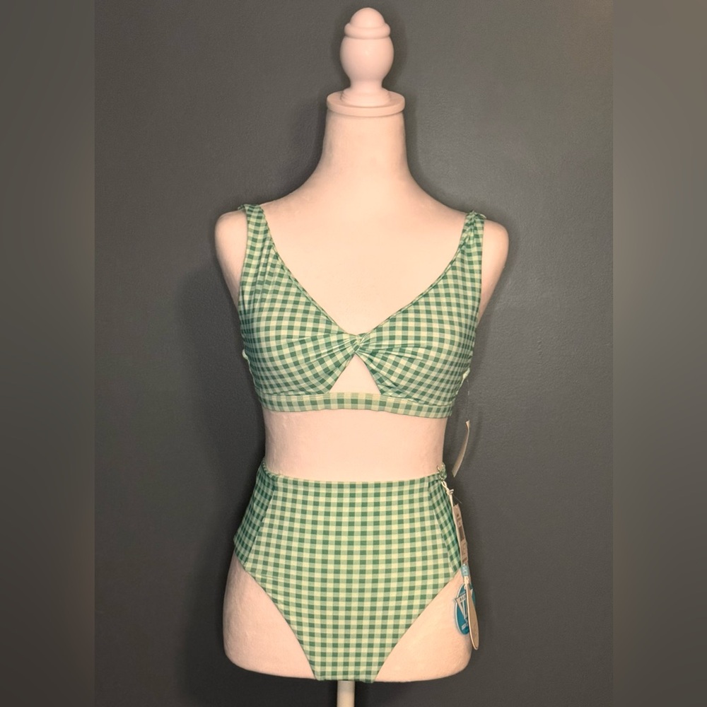 WET Brand Jade Green Gingham Bikini Bathing Suit High Waisted Bottoms Medium NWT